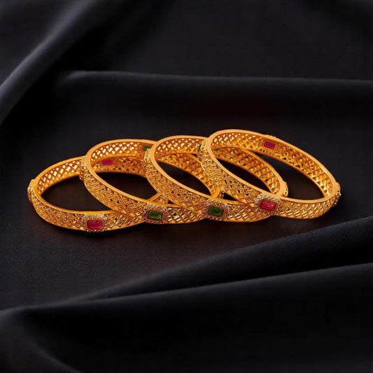 Gold polished bangles jali style delicate trendy set of 4 ruby green stone