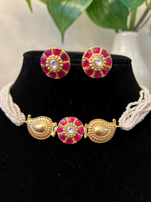 Premium choker necklace set with real jadau, adjustable gold polished antique finish with pearls delicate trendy