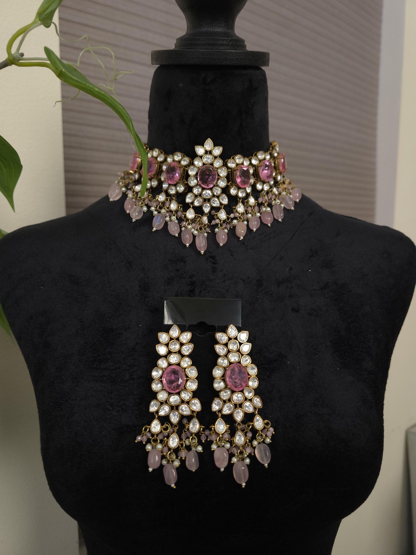 Doublet stone pink necklace set with Mossanite polki adjustable gold polished