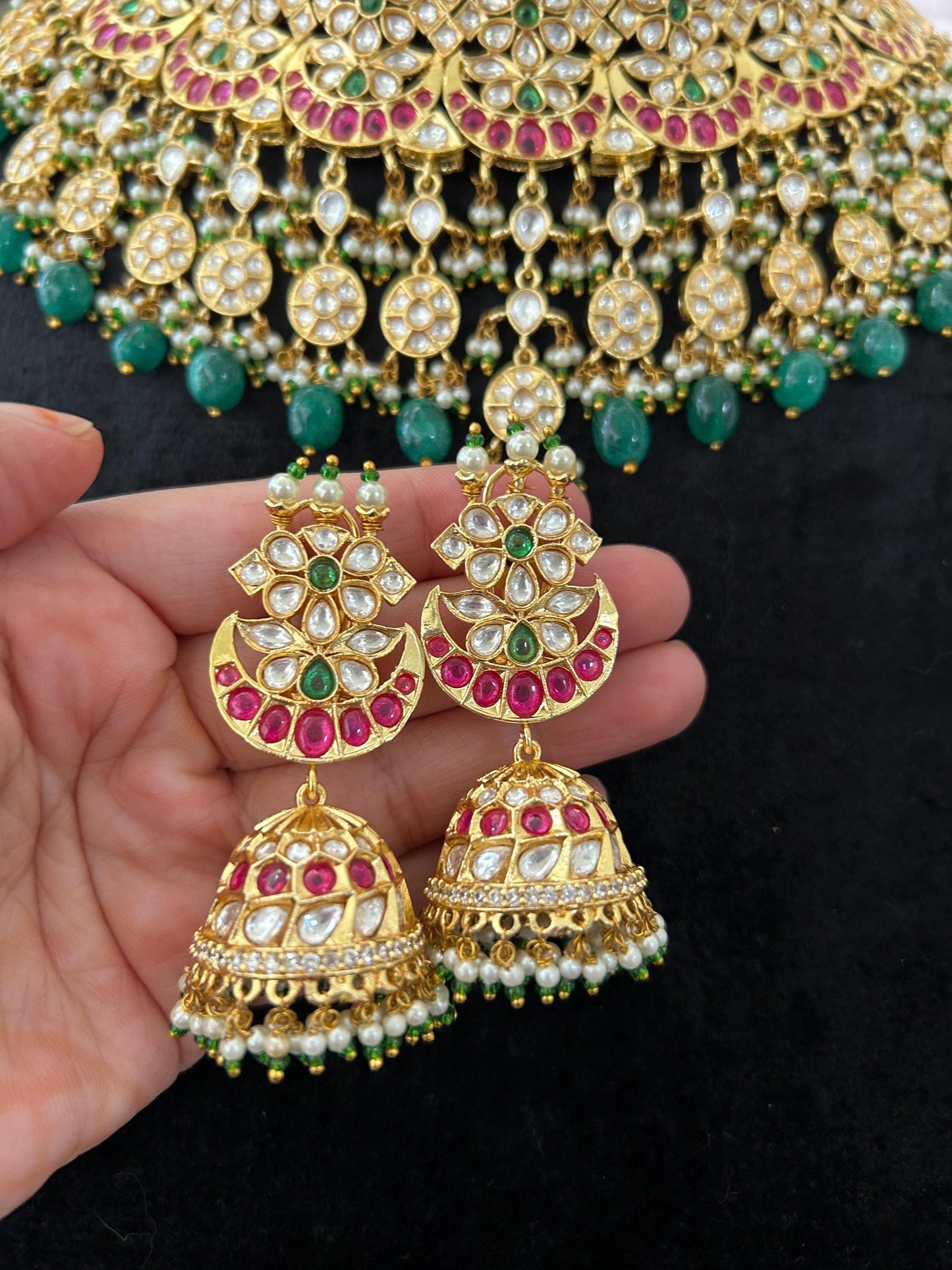 Premium necklace set with polki and American diamonds, adjustable gold polished chand sitare sabyasachi inspired