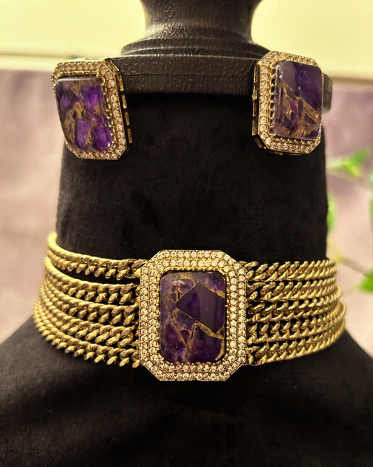 Doublet stone with chain choker necklace set with American diamonds adjustable gold polished