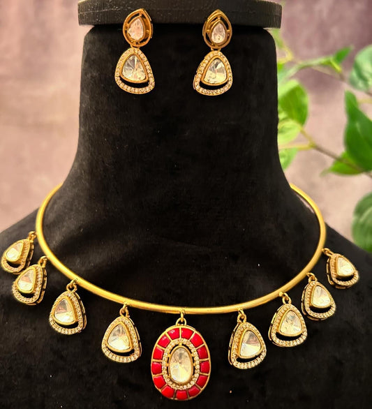 premium quality hasli necklace with doublet stones Mossanite and zirconia diamonds handmade gold and jadau