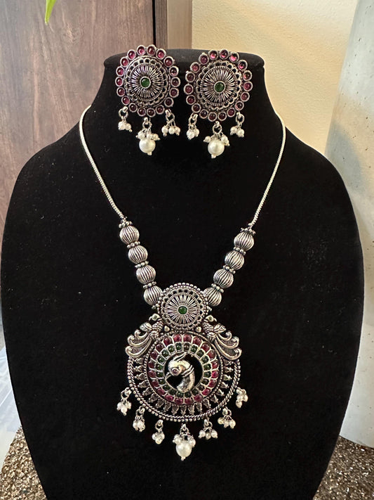 Oxidized necklace set silver with kemp work