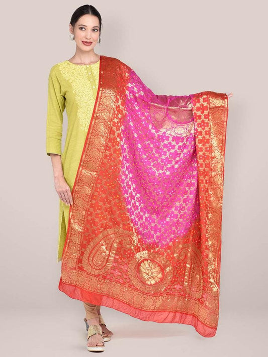 Pink & Red Banarasi Bandhej Gharchola Silk Dupatta