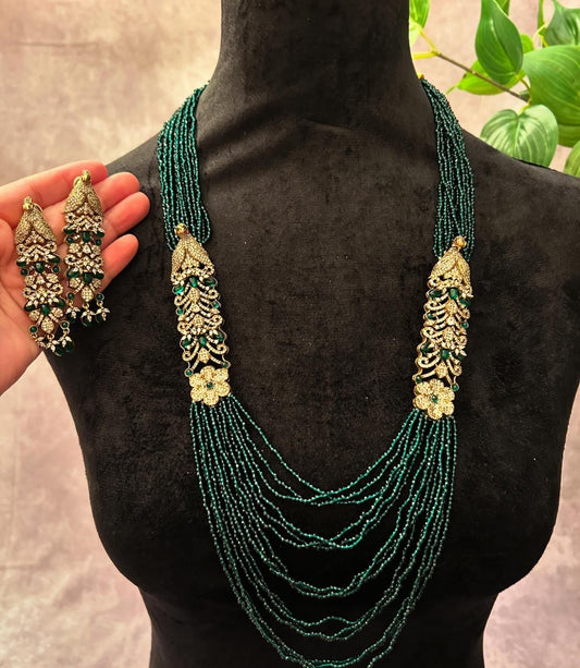 Premium sabya inspired long Victorian necklace set emeralds, pink and blue