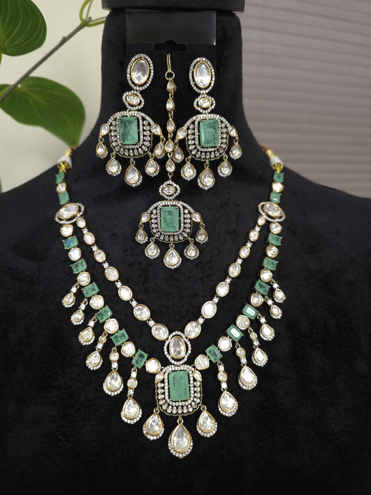 Doublet stone mint green long premium necklace set with Mossanite, American diamonds adjustable gold polished