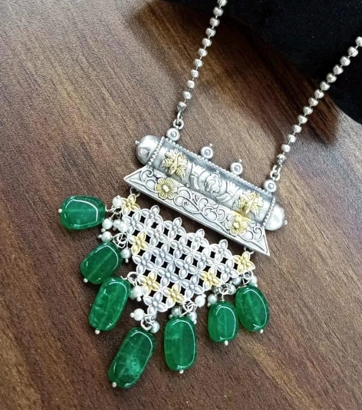 Oxidized necklace german gold and silver long green beads grey beads