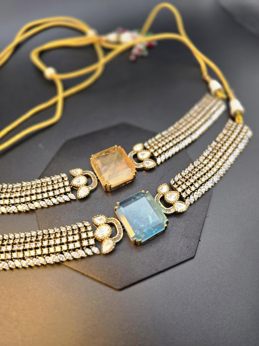 Doublet stone choker necklace set with Mossanite, polki American diamonds adjustable gold polished