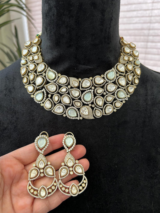 Premium necklace set with polki and American diamonds, adjustable gold polished sabyasachi inspired pastel