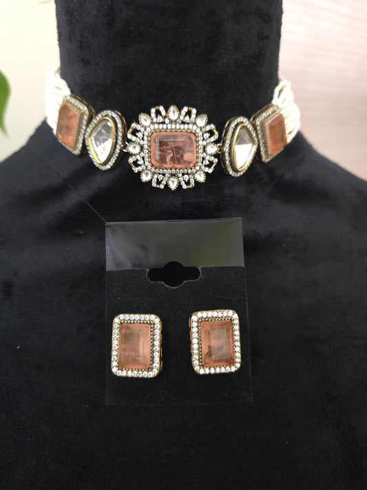 Doublet stone choker necklace set with Mossanite, polki American diamonds, pearls adjustable gold polished