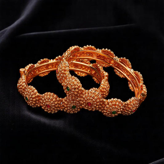 Gold polished bangles gajara style ruby green