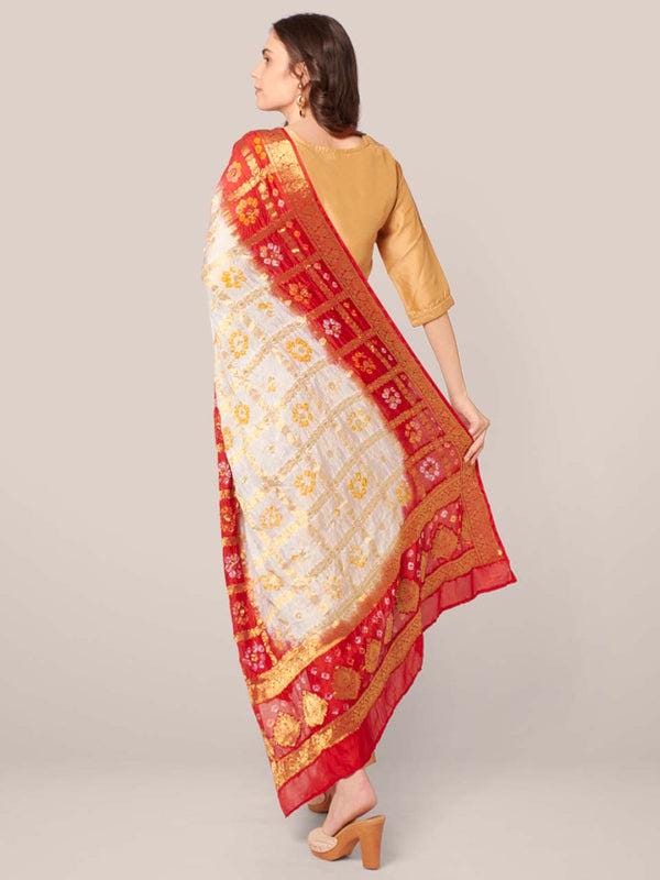 Red & White Banarasi Bandhej Gharchola Silk Dupatta
