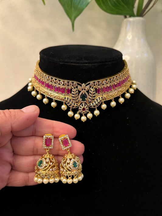 Premium choker necklace set with zirconia diamonds, adjustable gold polished