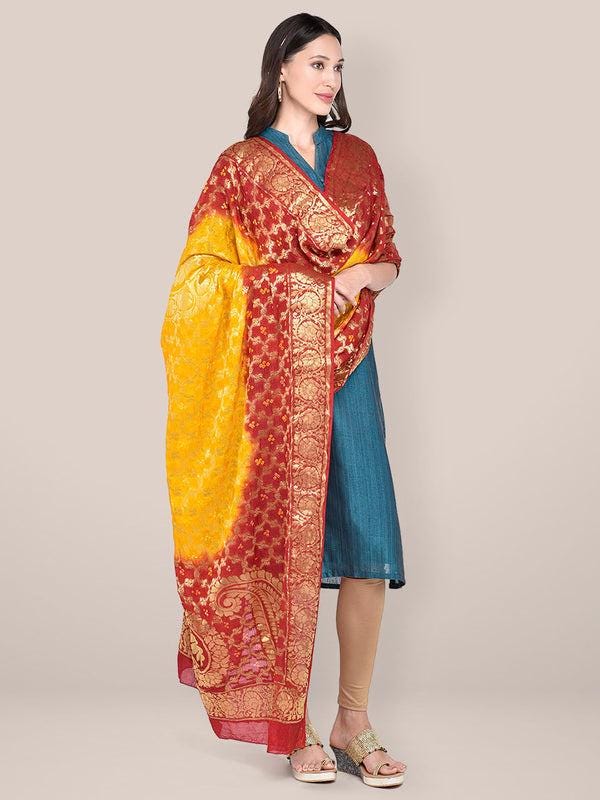 Red & Yellow Banarasi Bandhej Gharchola Silk Dupatta