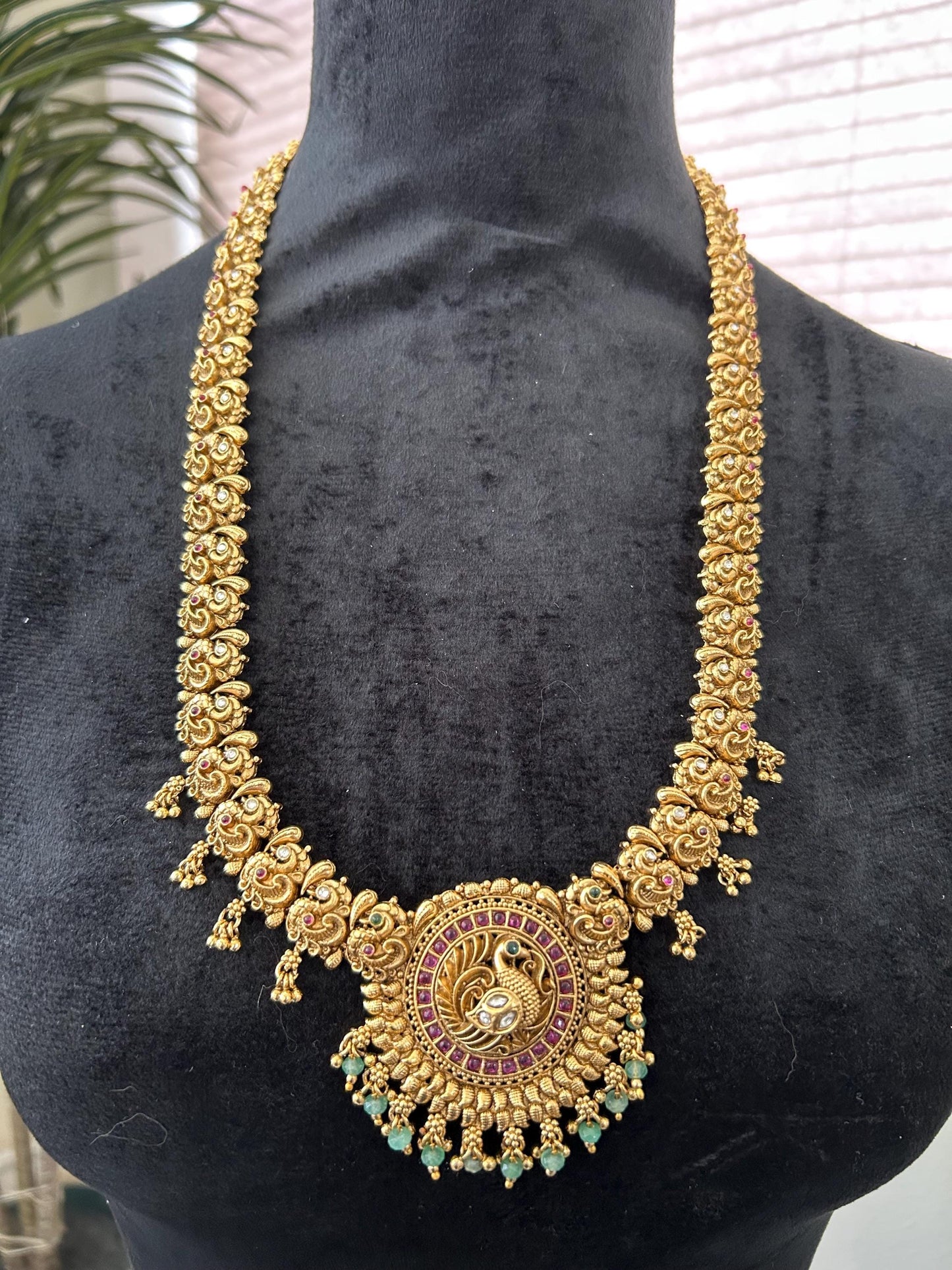 Premium long necklace kemp stone work, adjustable gold polished