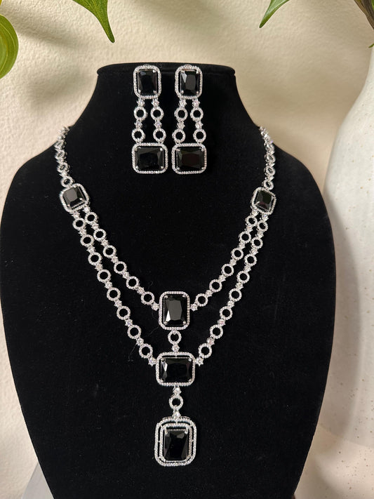 American Diamonds zirconia long necklace set black and white stones silver polished