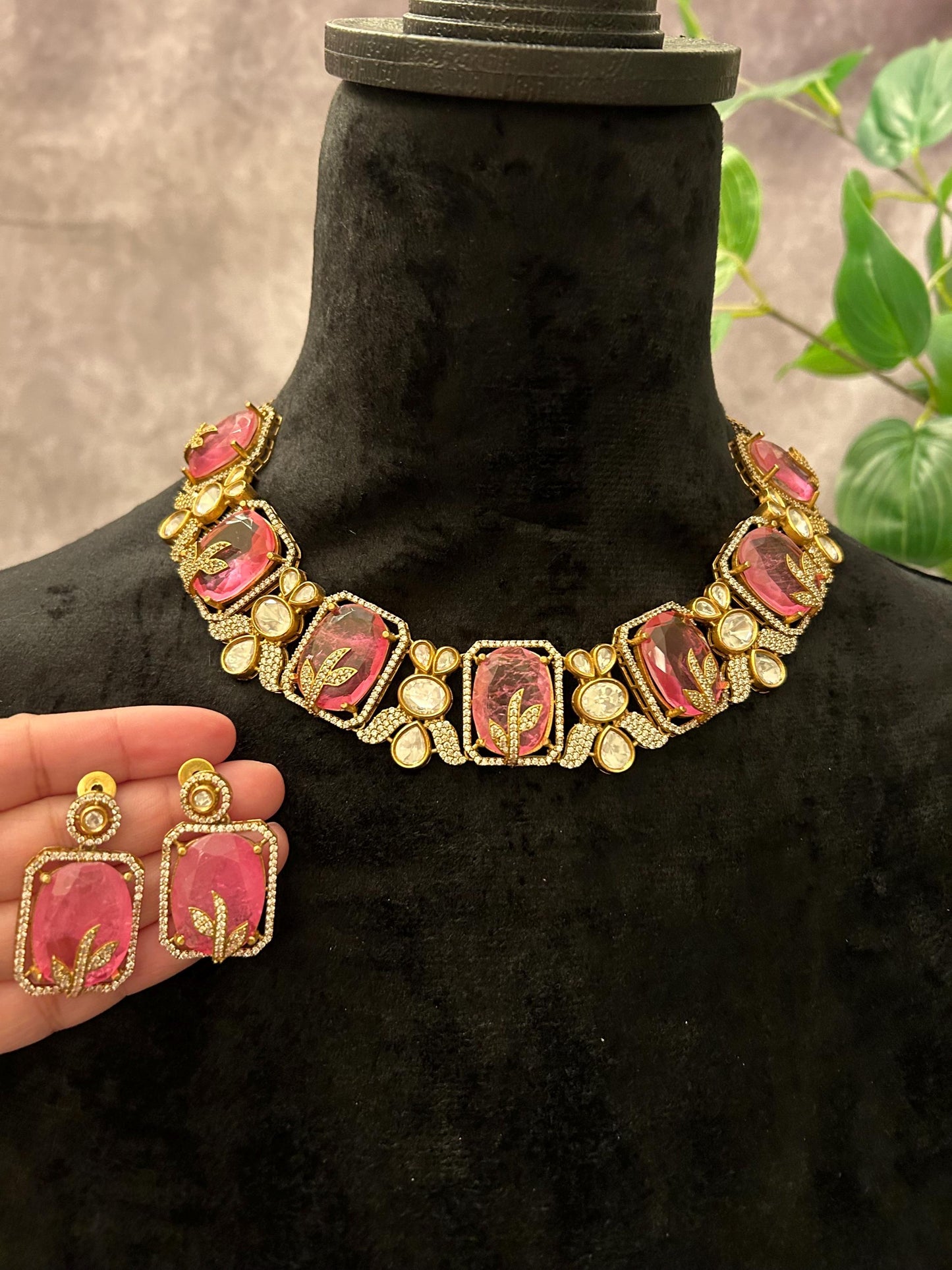 Doublet stone pink necklace set with Mossanite, American diamonds adjustable gold polished