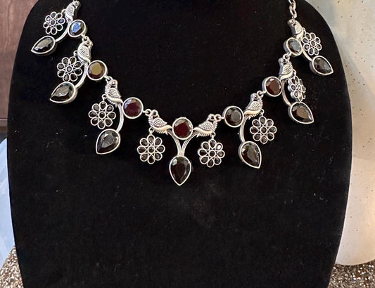 Oxidized necklace  silver maroon stones