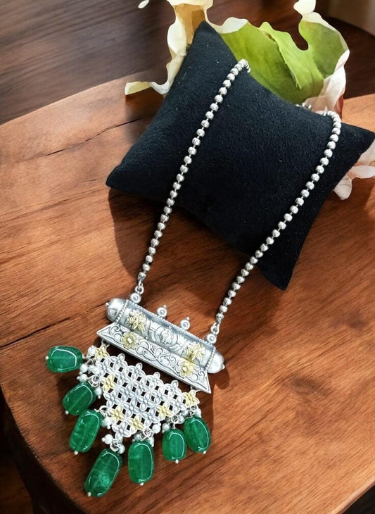 Oxidized necklace german gold and silver long green beads grey beads