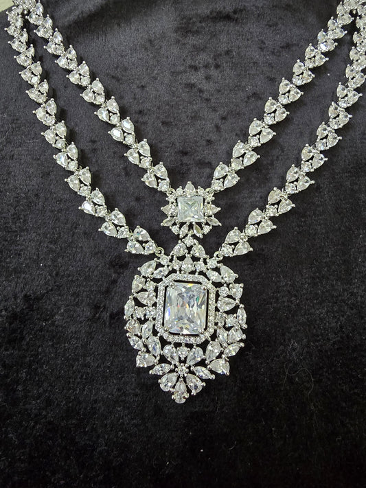 American diamonds long layered necklace set adjustable silver polished