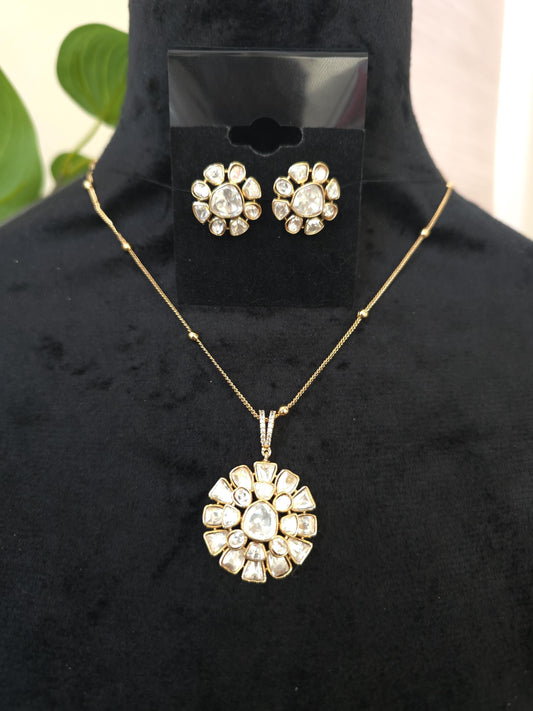 Mossanite, polki, American diamonds chain pendant necklace set adjustable gold polished