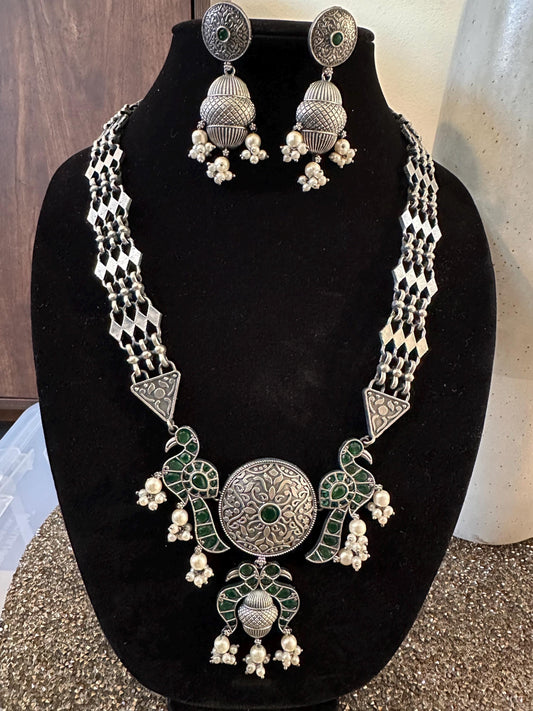 German silver necklace silver and green design