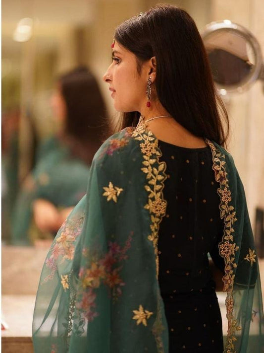 Digitally Printed & Embroidered Teal Organza Dupatta stole