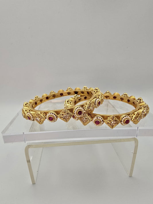 2.4 size Antique gold polished jadau bangles with pearls