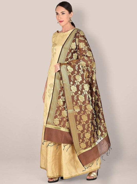 Brown Banarasi Silk Dupatta with Floral Jaal stole