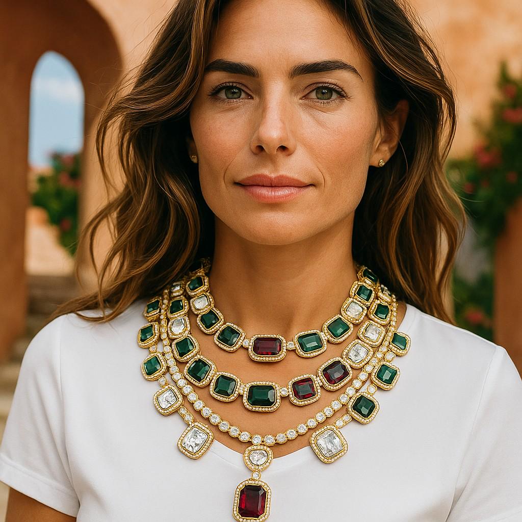 Premium necklace set layered American diamonds, adjustable gold polished Bollywood style