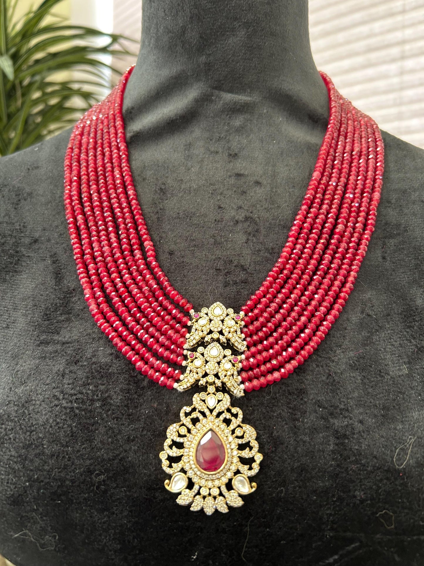 Premium long layered necklace set with Ruby beads and American diamonds, adjustable gold polished