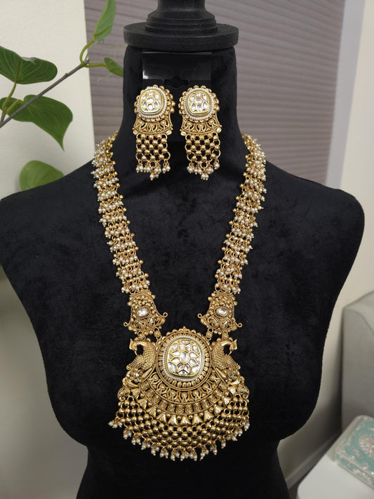 Rajwadi polki necklace set long, adjustable gold polished chunky statement