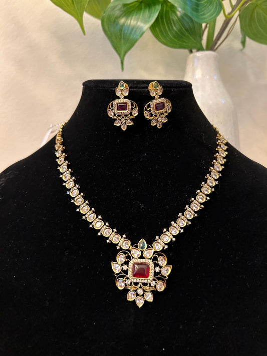 Polki and American diamonds necklace set, adjustable antique gold polished