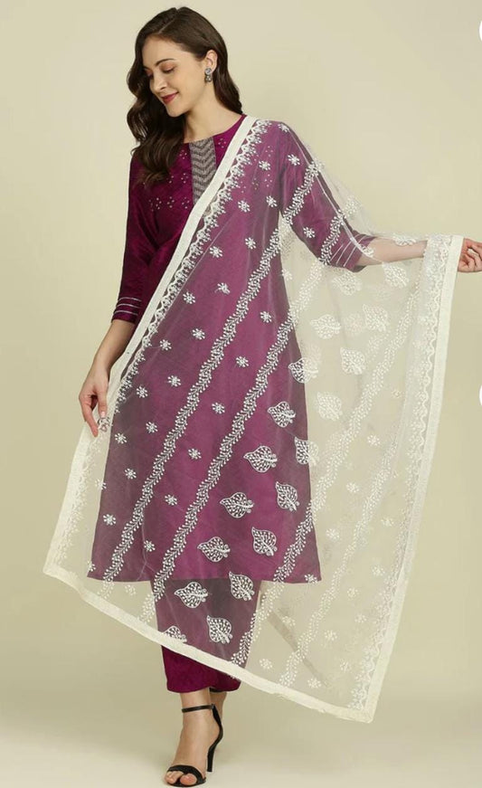 Floral Embroidered Off White Net Dupatta stole