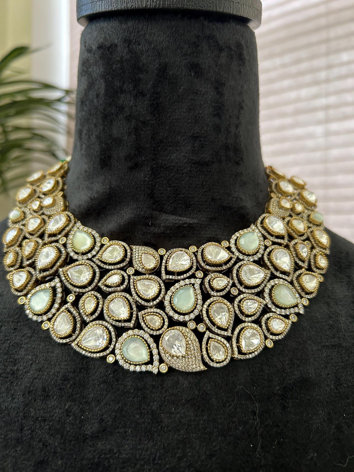 Premium necklace set with polki and American diamonds, adjustable gold polished sabyasachi inspired pastel