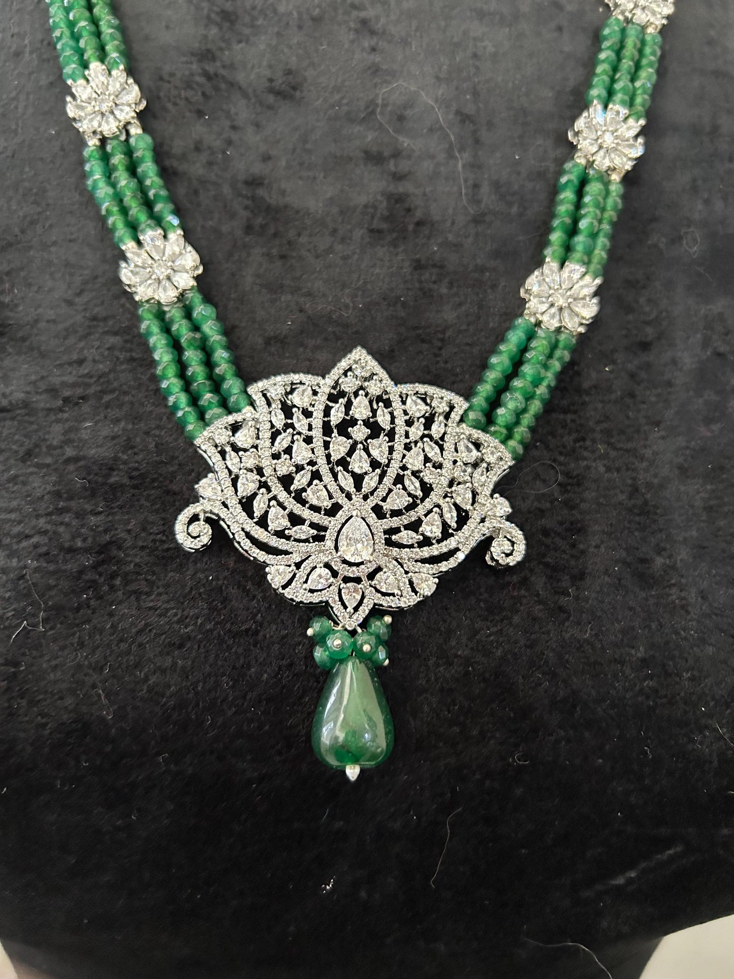 Premium long layered necklace set with emerald beads and American diamonds, adjustable silver polished lotus design