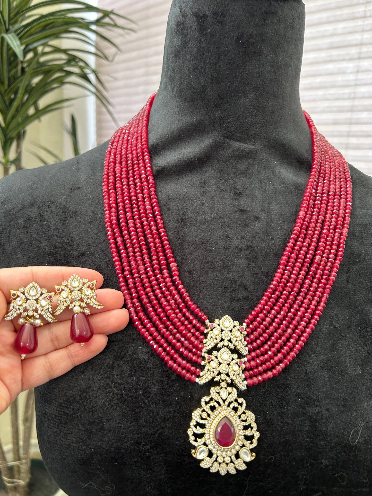 Premium long layered necklace set with Ruby beads and American diamonds, adjustable gold polished