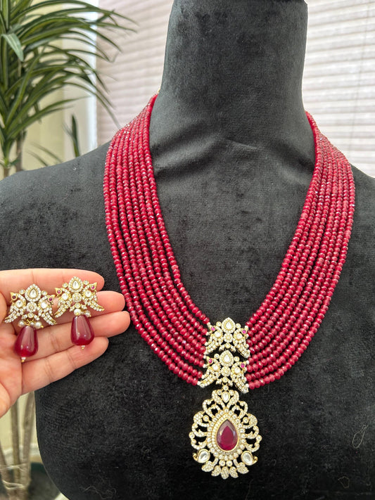 Premium long layered necklace set with Ruby beads and American diamonds, adjustable gold polished