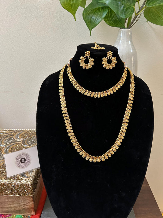 Premium long necklace set combo pack small necklace long necklace earrings and maang tikka, gold lookalike, adjustable gold polished