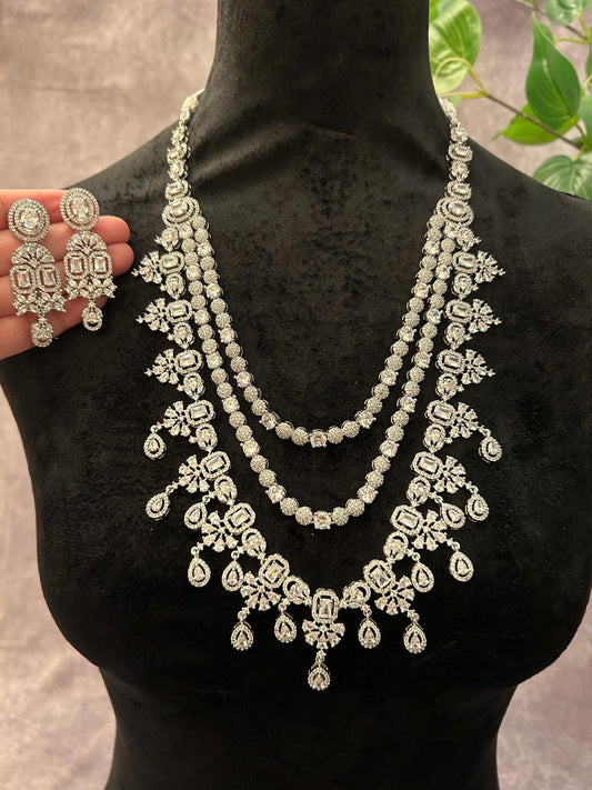 American diamonds long layered necklace set adjustable silver polished