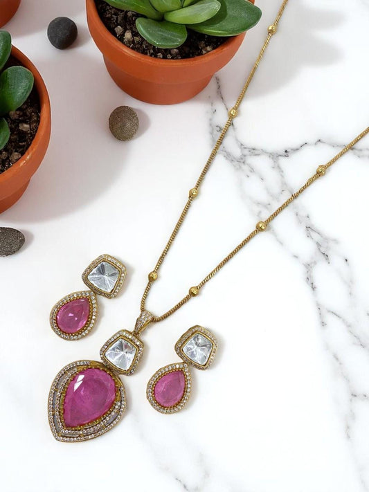 Mossanite, polki, American diamonds chain pendant necklace set adjustable gold polished