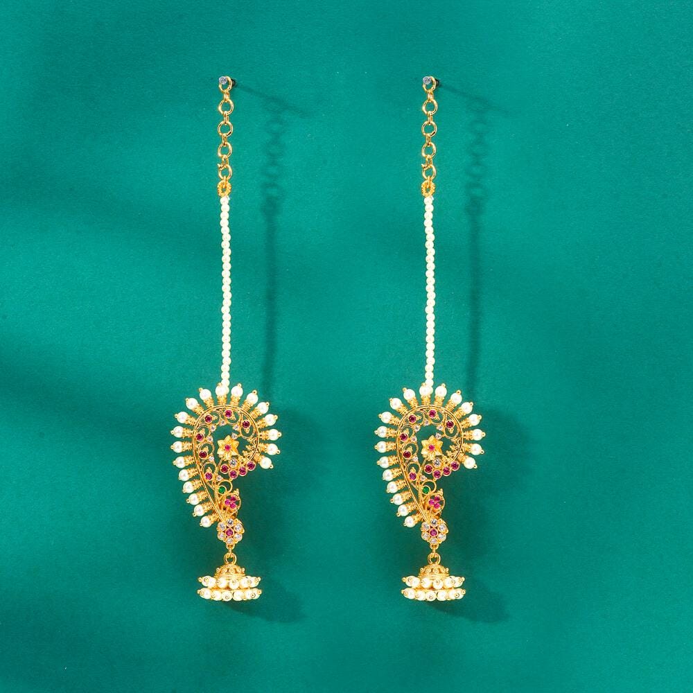 Gold and pearls ear cuff jhumka earrings with american diamonds and pearl Ear chain gold polished, kaan chain earrings trendy light weight