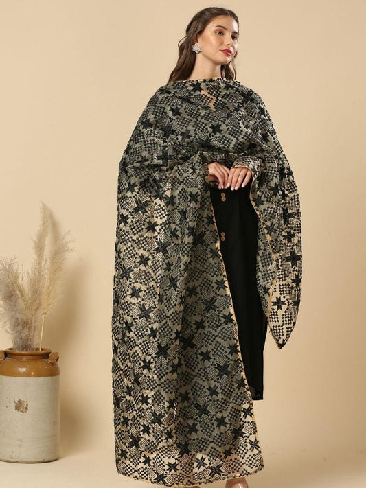 Women's Embroidered Organza Dupatta with Red Phulkari Embroidery stole