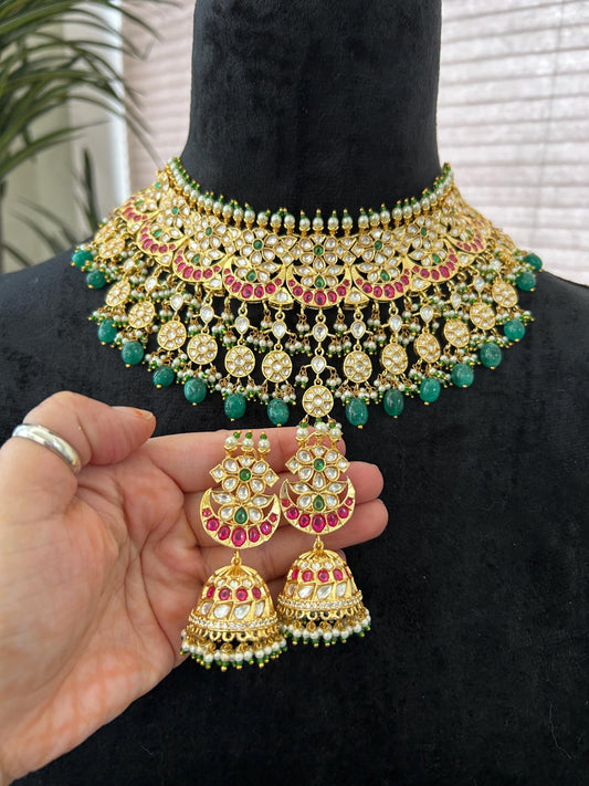 Premium necklace set with polki and American diamonds, adjustable gold polished chand sitare sabyasachi inspired