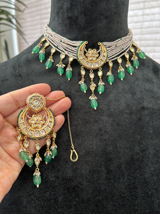 Premium necklace choker set gold polished with polki and pearls adjustable delicate trendy