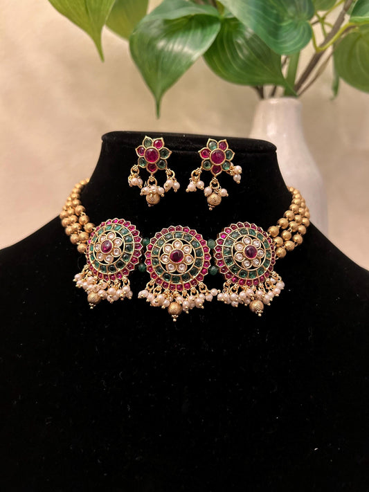 Premium choker necklace set with kemp jadau, adjustable gold polished antique gold  finish