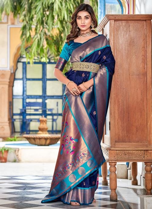 Paithani Silk Blue Traditional Wear Weaving Saree copper border