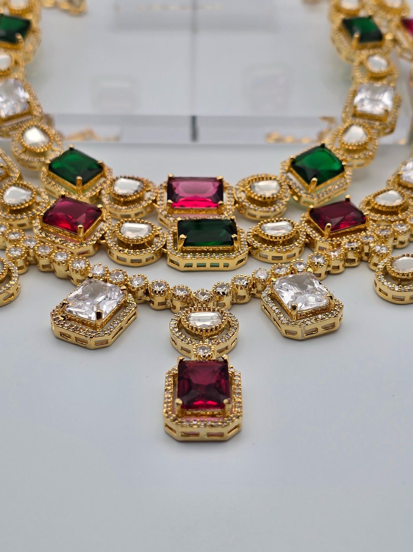 Premium necklace set layered American diamonds, adjustable gold polished Bollywood style