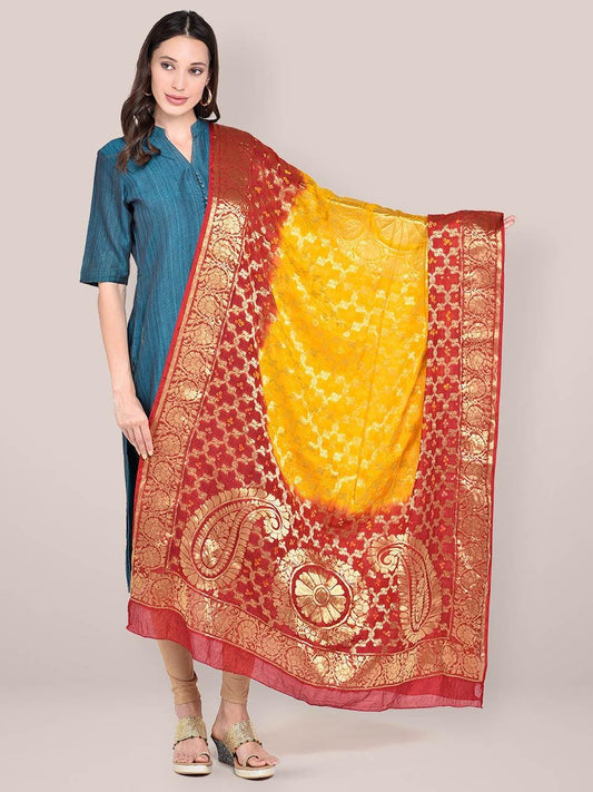 Red & Yellow Banarasi Bandhej Gharchola Silk Dupatta