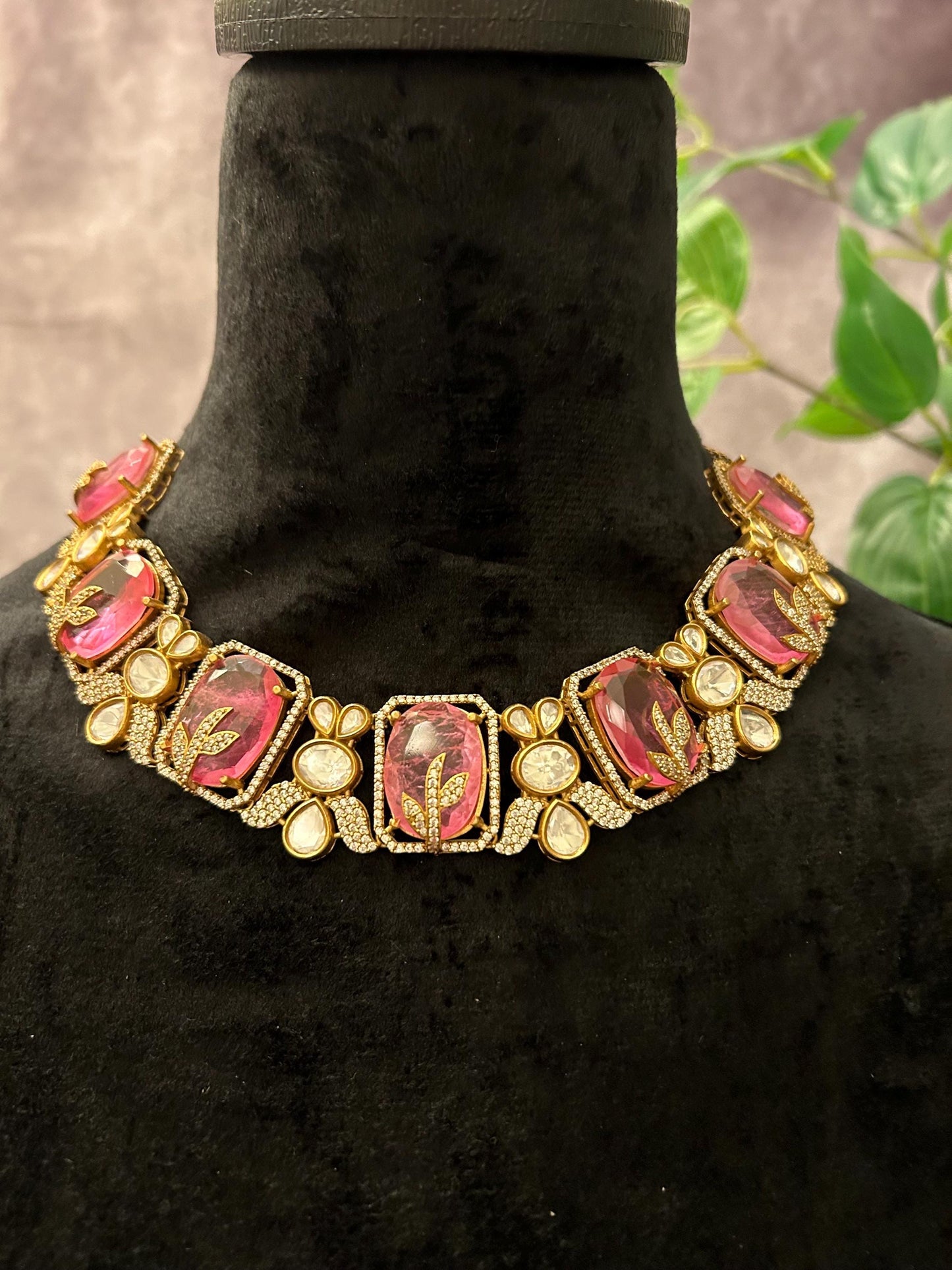 Doublet stone pink necklace set with Mossanite, American diamonds adjustable gold polished